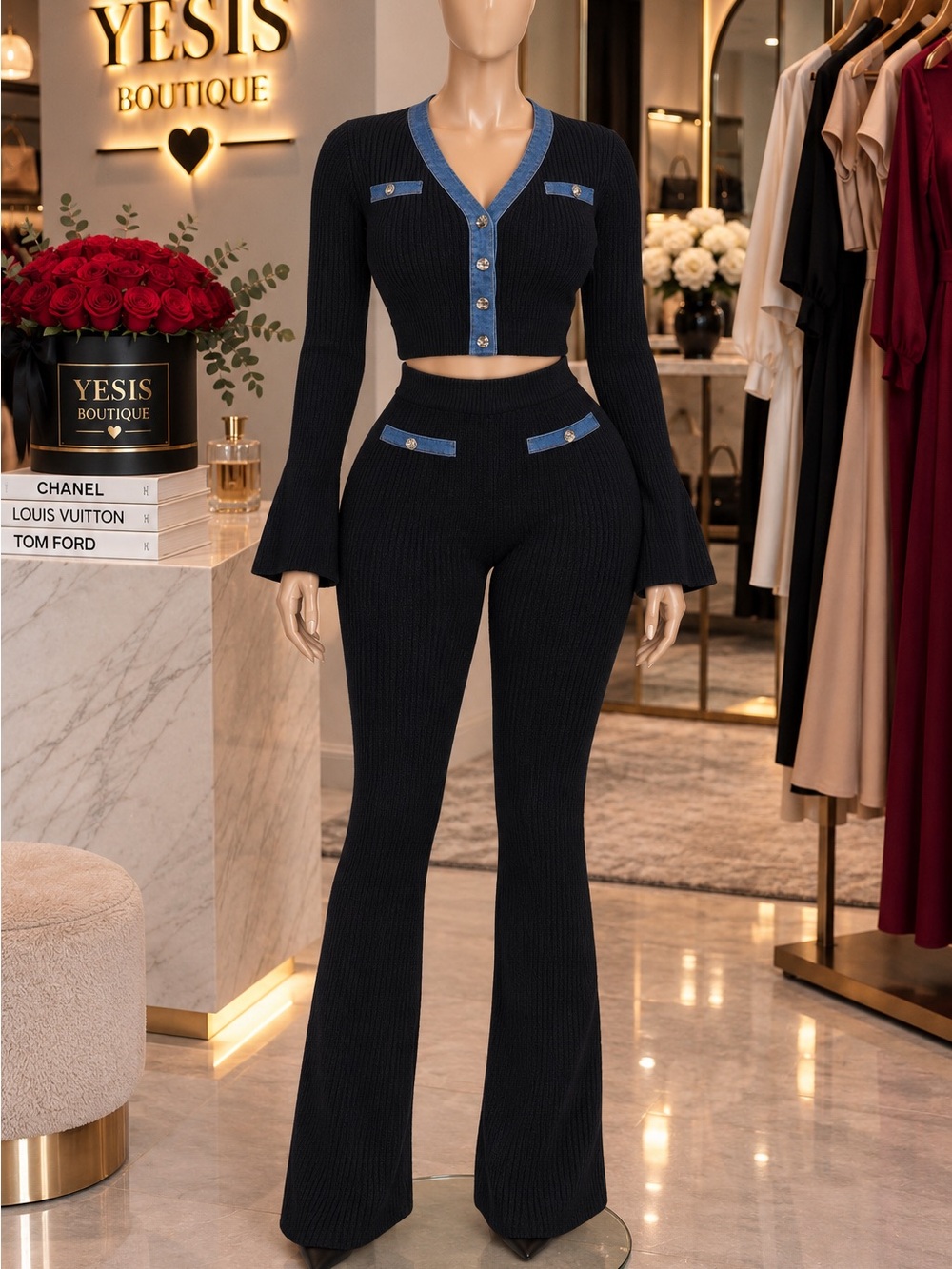 Black Ribbed Knit Two-Piece Pants Set